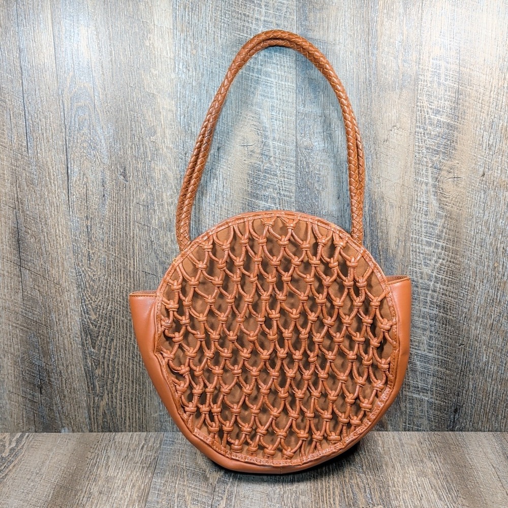 Bembien Emilia Circular Woven Knotted Overlay Handbag Shoulder Bag Purse Brown